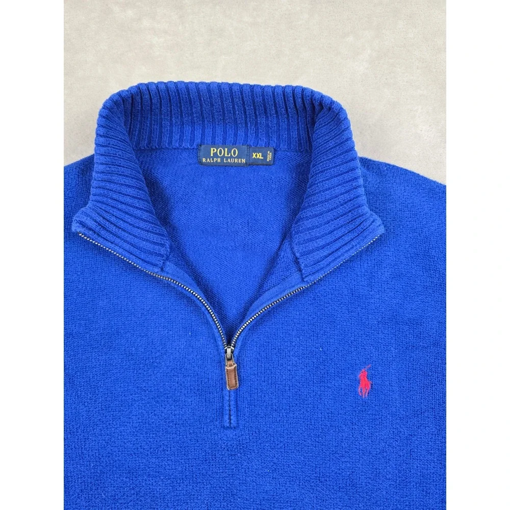 Polo Ralph Lauren Quarter Zip Sweater Mens XXL Blue Cotton Knit Red Pony Logo